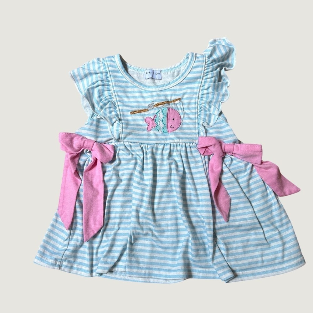 Abby & Evie Fish Stripe Girls Blue Pink Bow Ruffle Sleeve SIZE 2T